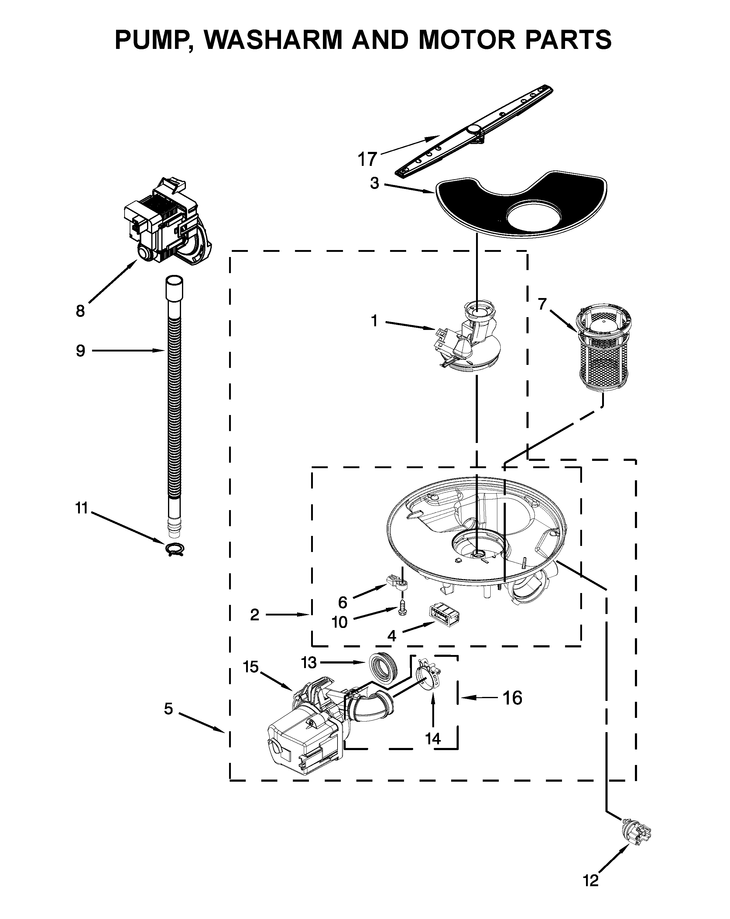 Pump, washarm and motor parts