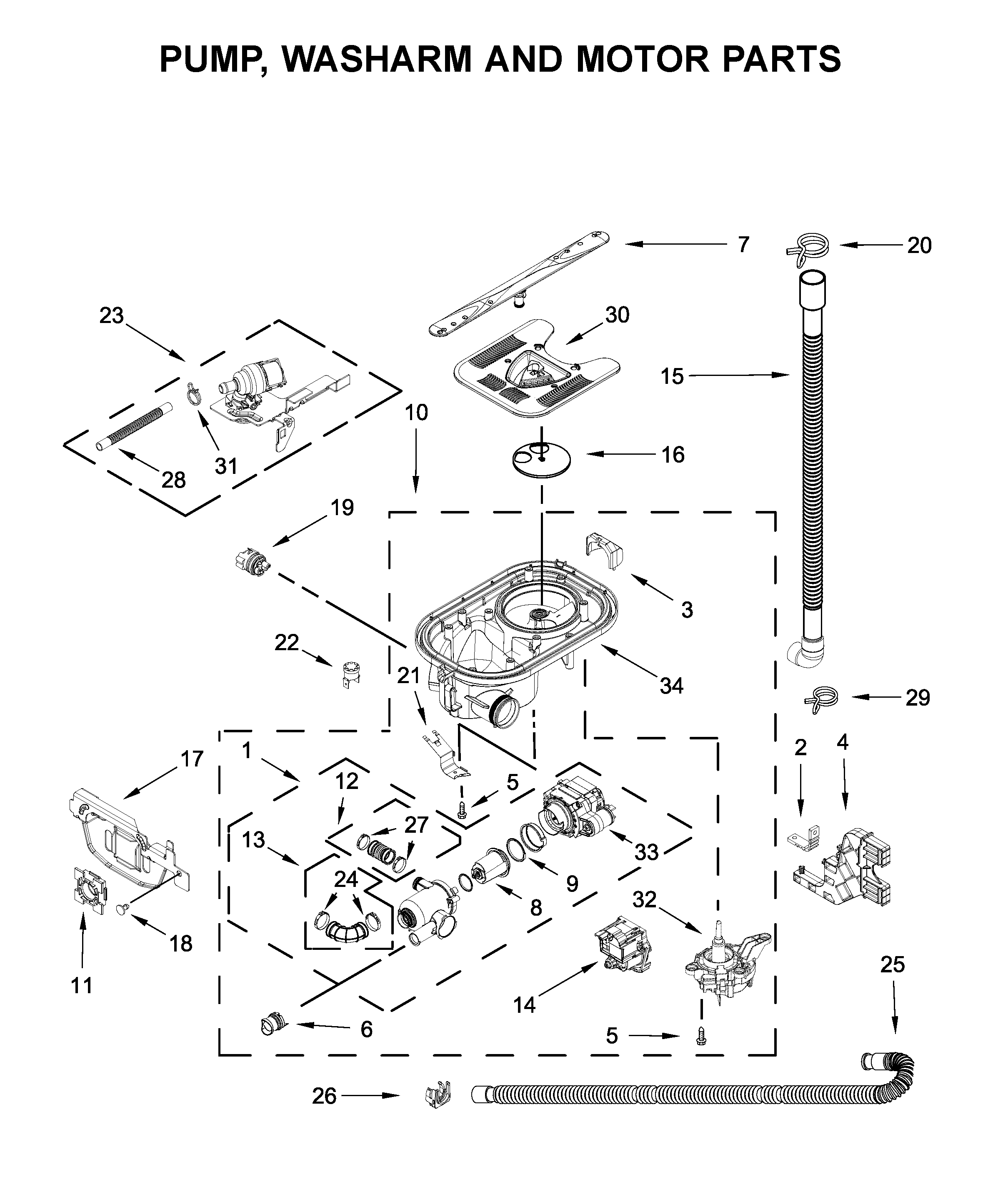 Pump, washarm and motor parts