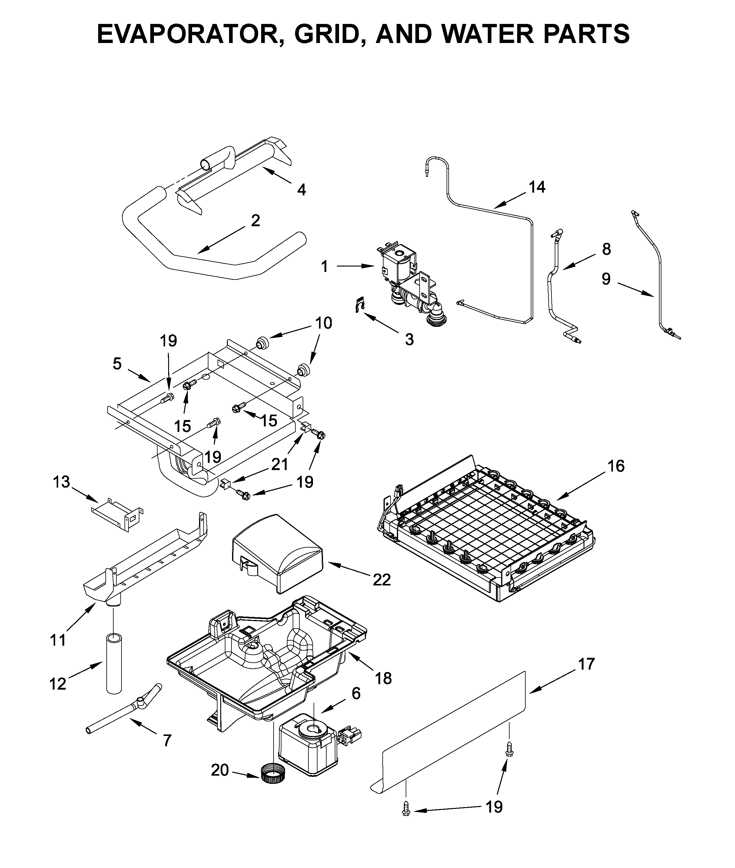 Evaporator, grid, and water parts