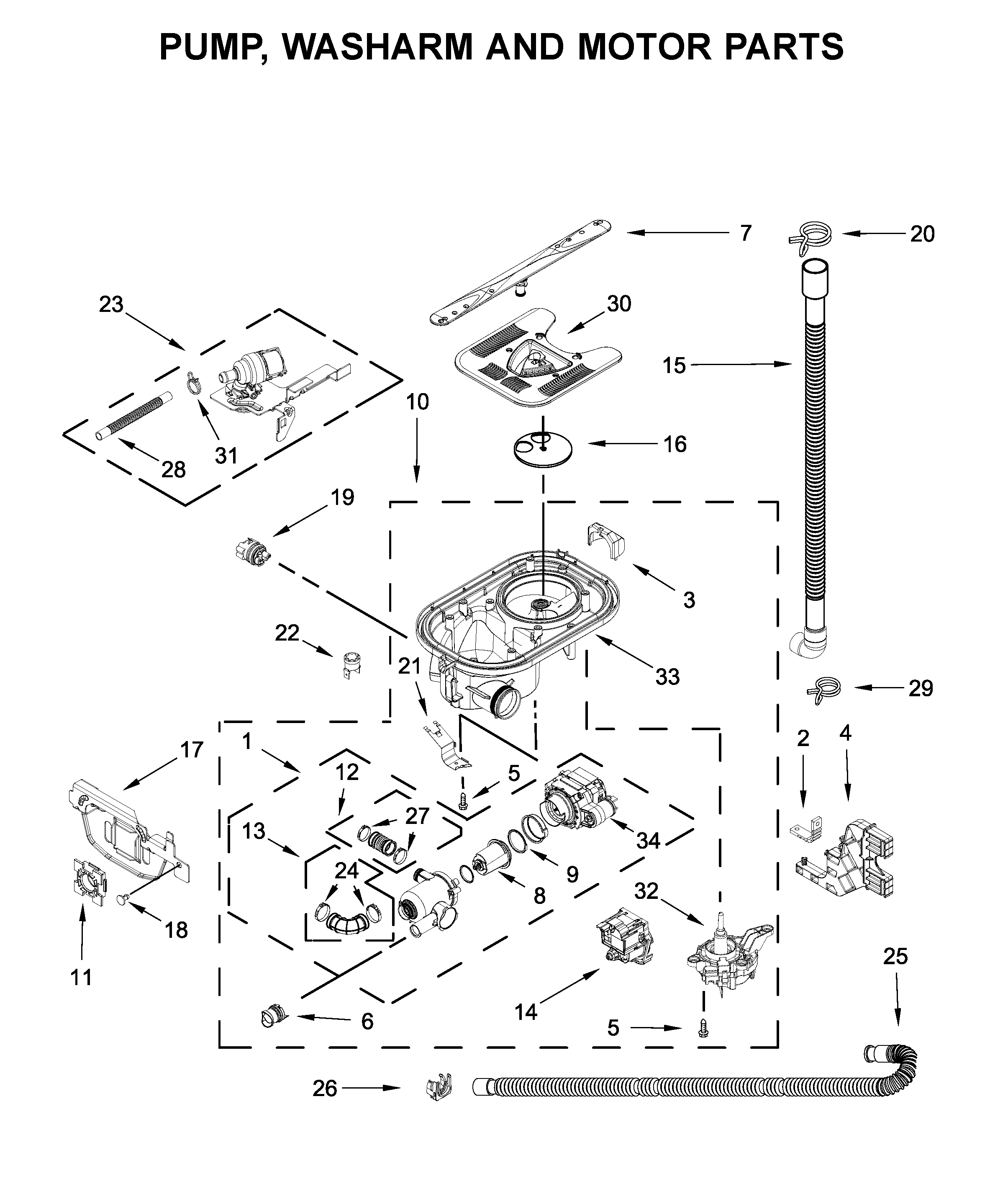 Pump, washarm and motor parts