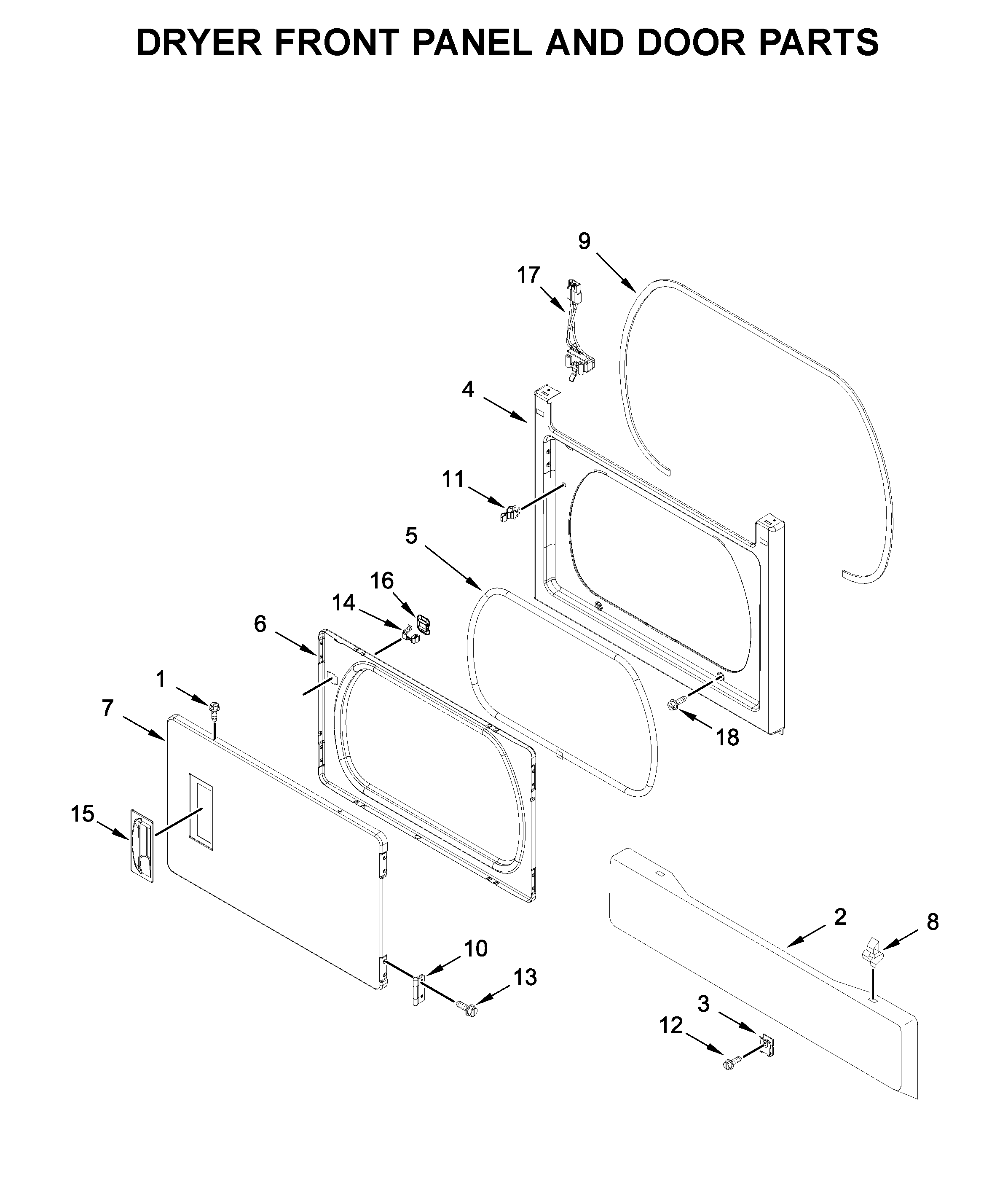 Dryer front panel and door parts