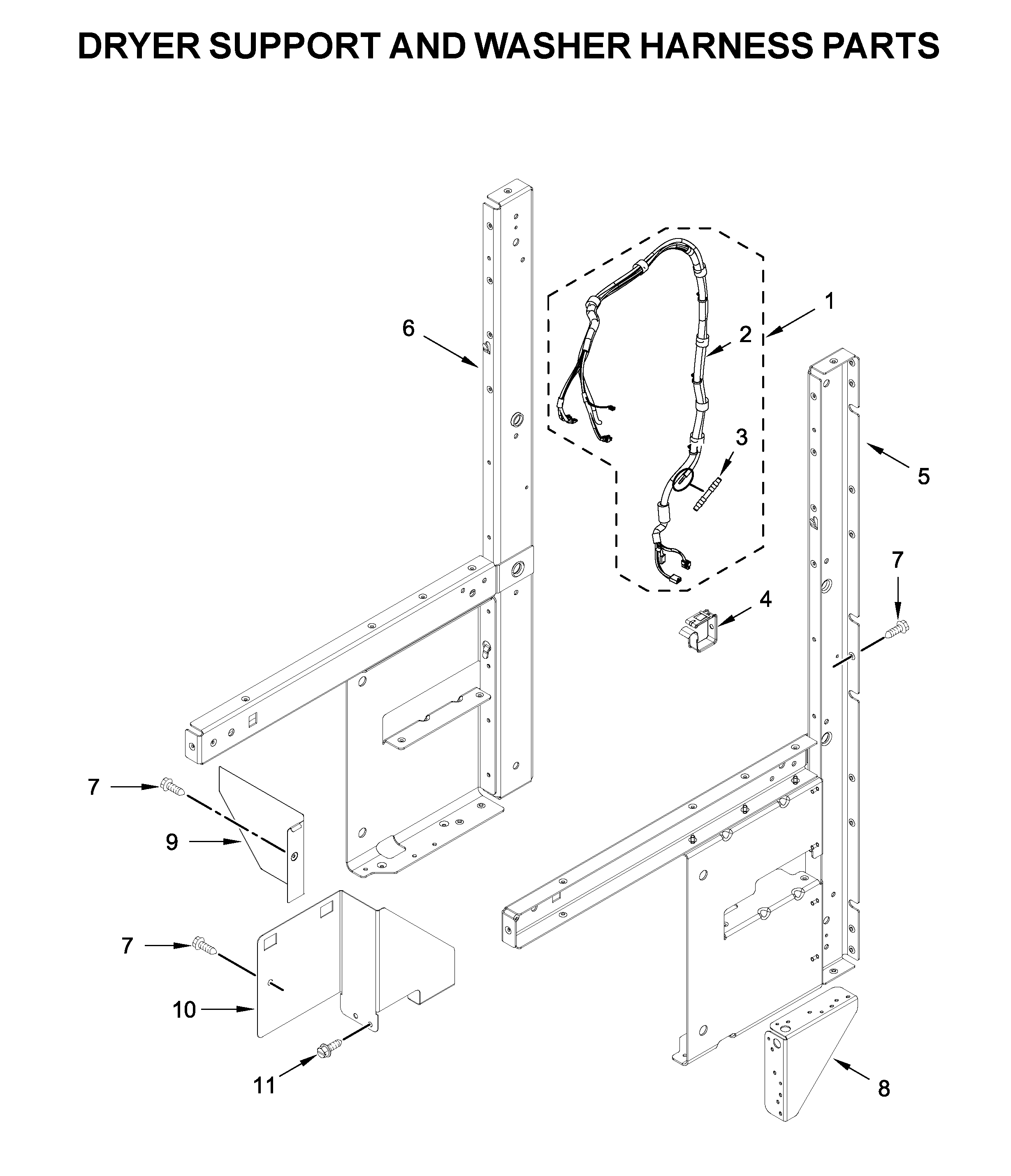 Dryer support and washer harness parts