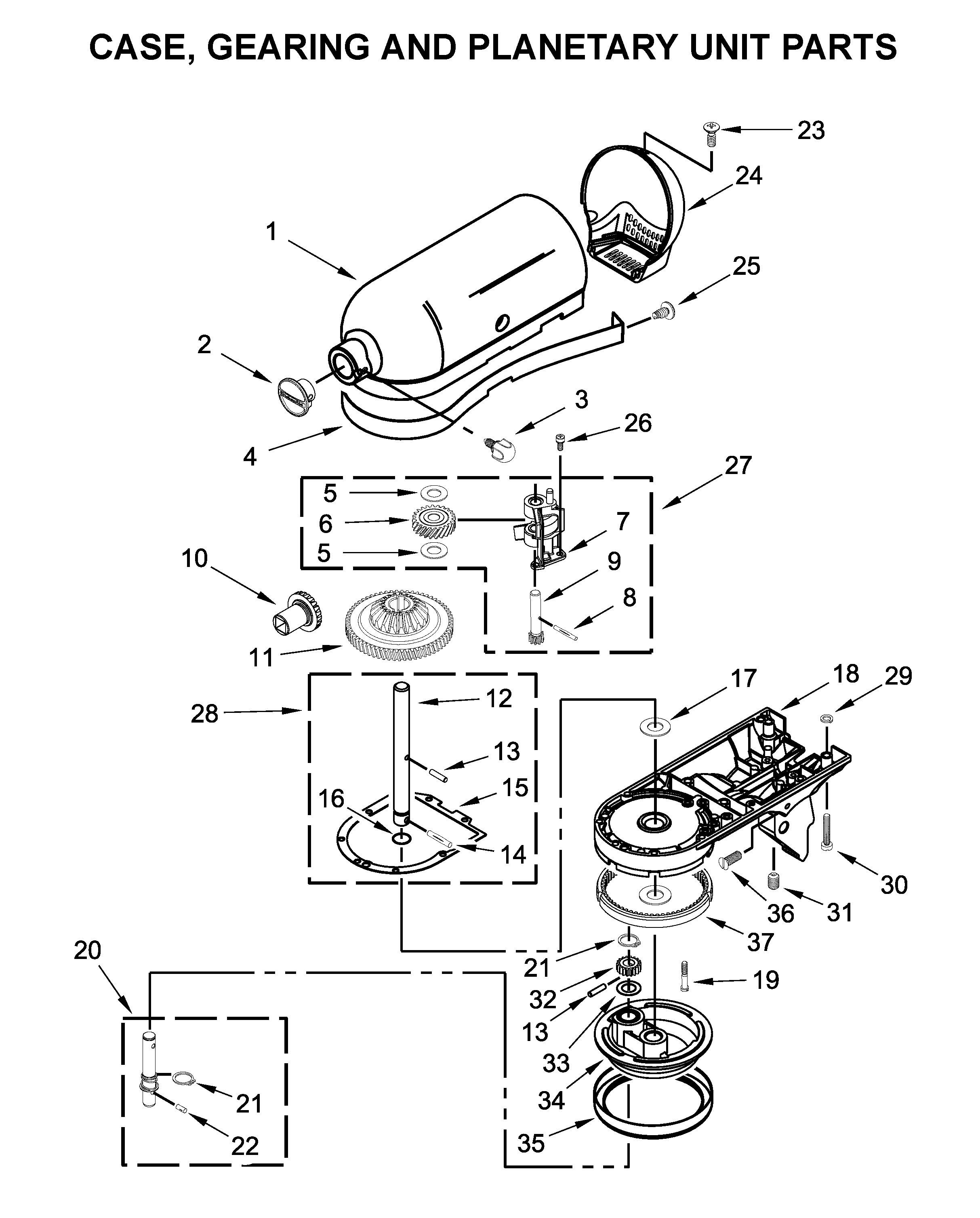 Case, gearing and planetary unit parts