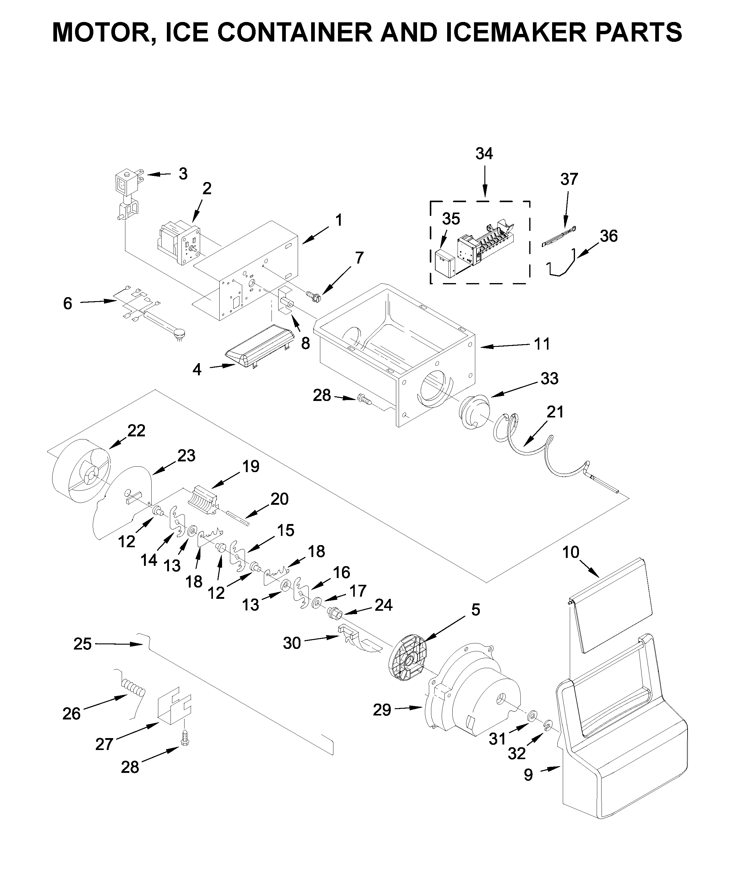 Motor, ice container and icemaker parts