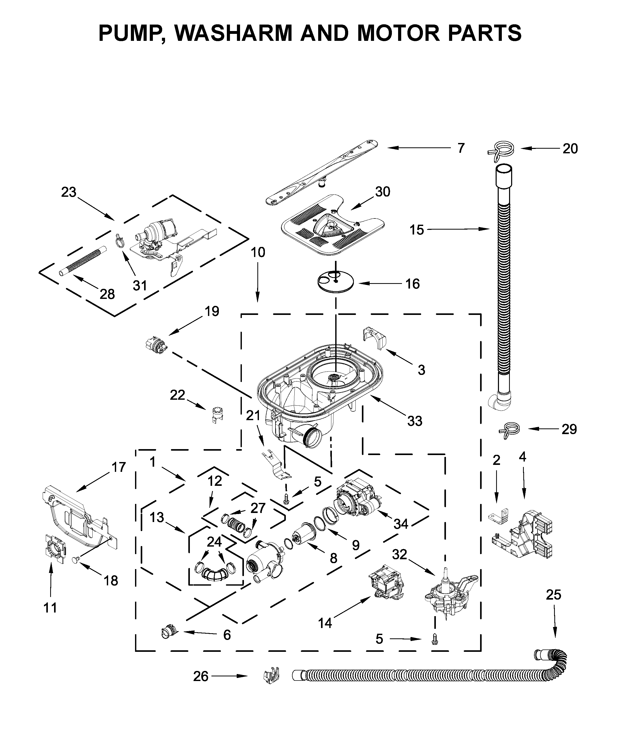 Pump, washarm and motor parts