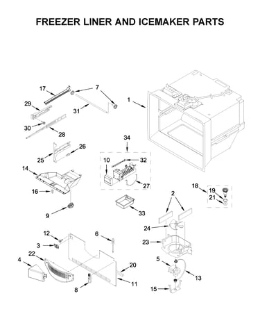 Freezer liner and icemaker parts