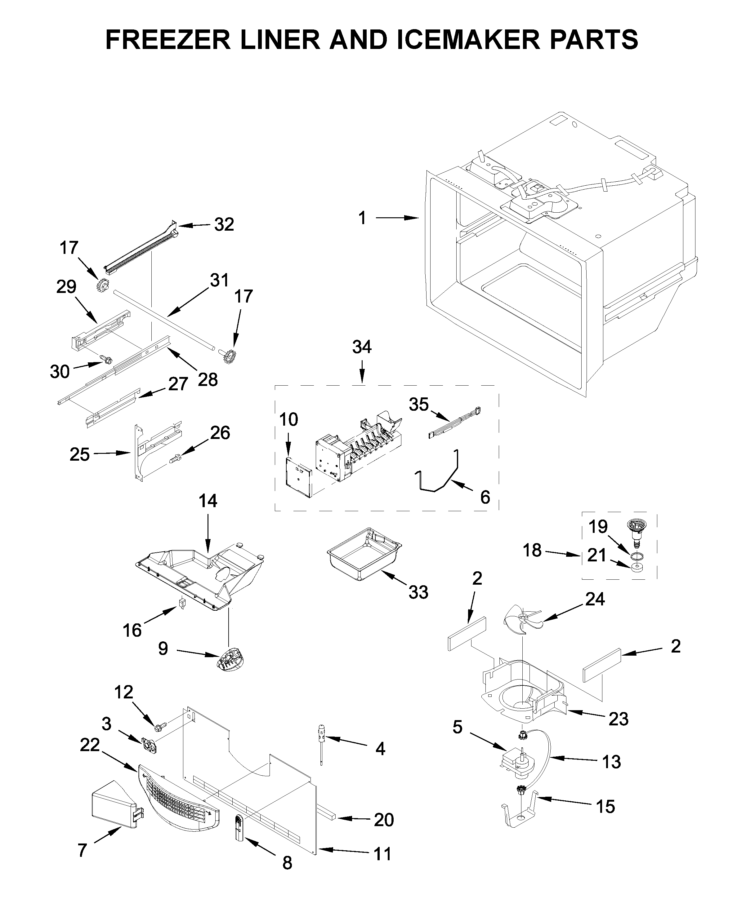 Freezer liner and icemaker parts