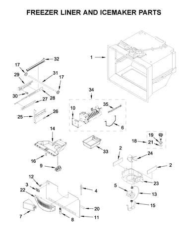 Freezer liner and icemaker parts