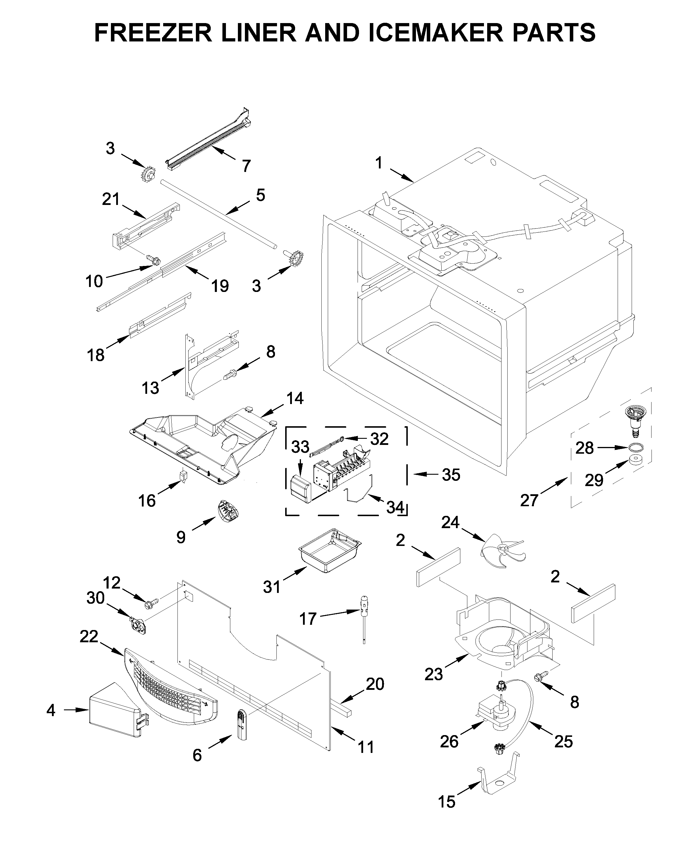 Freezer liner and icemaker parts