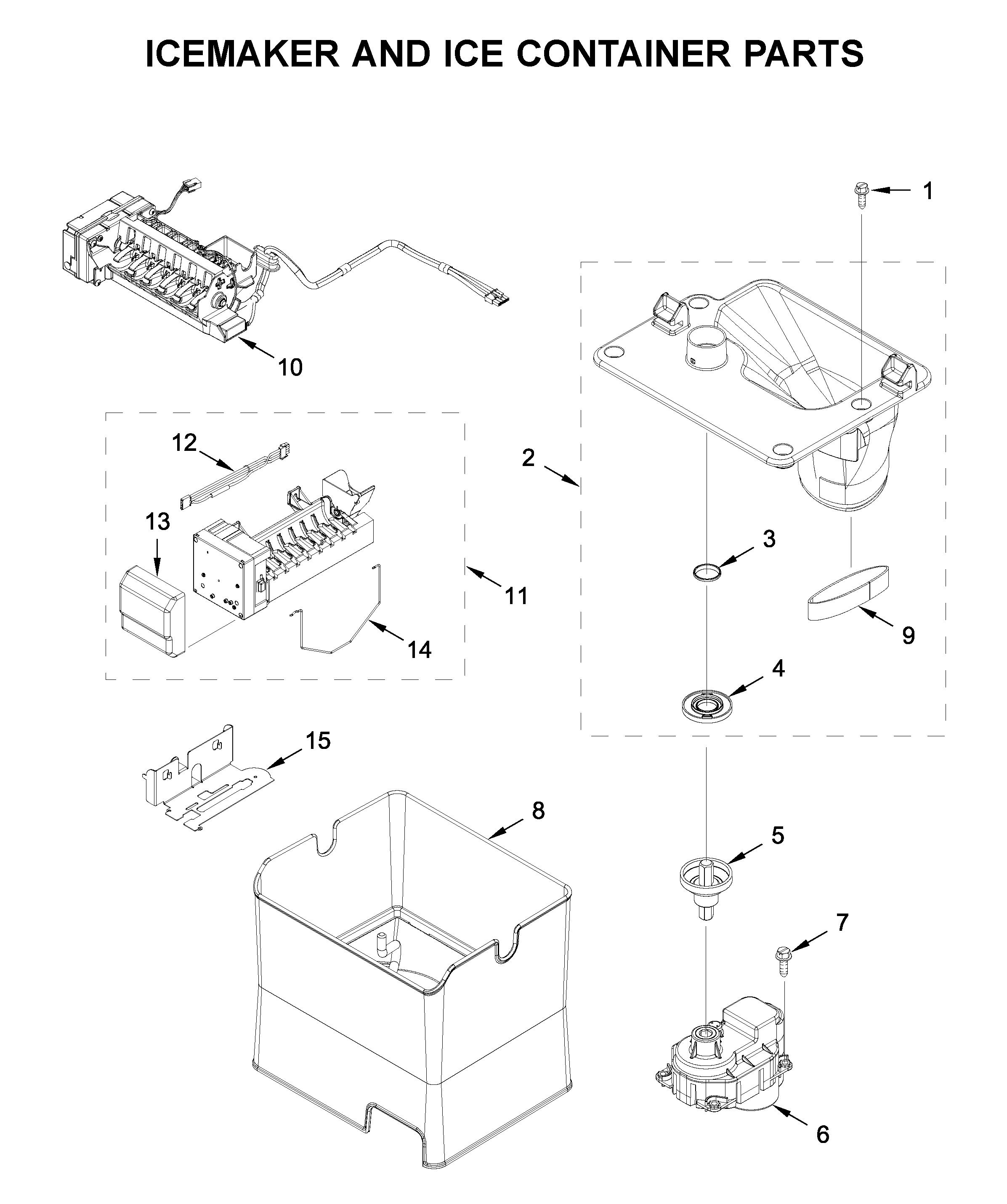 Icemaker and ice container parts