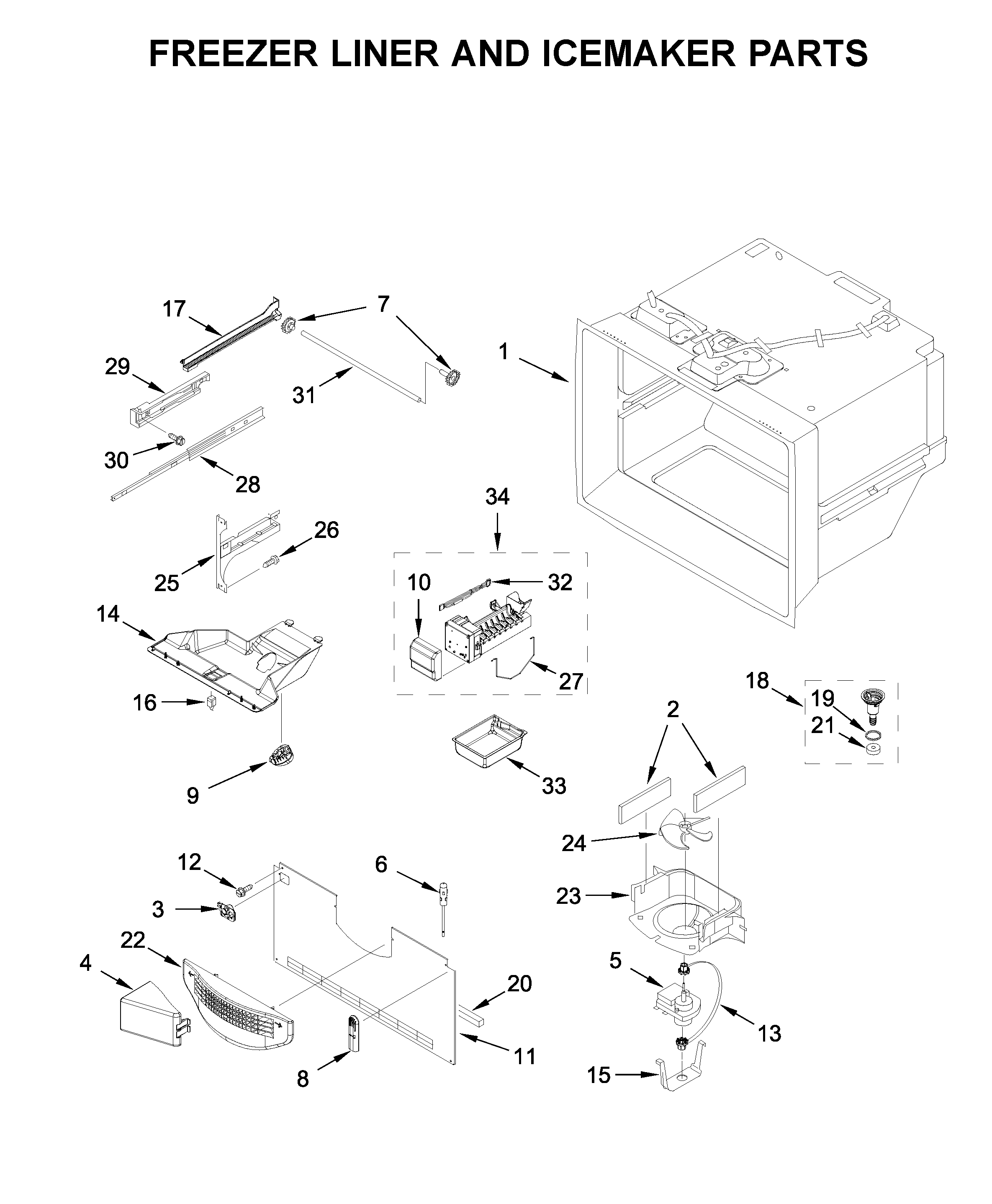 Freezer liner and icemaker parts
