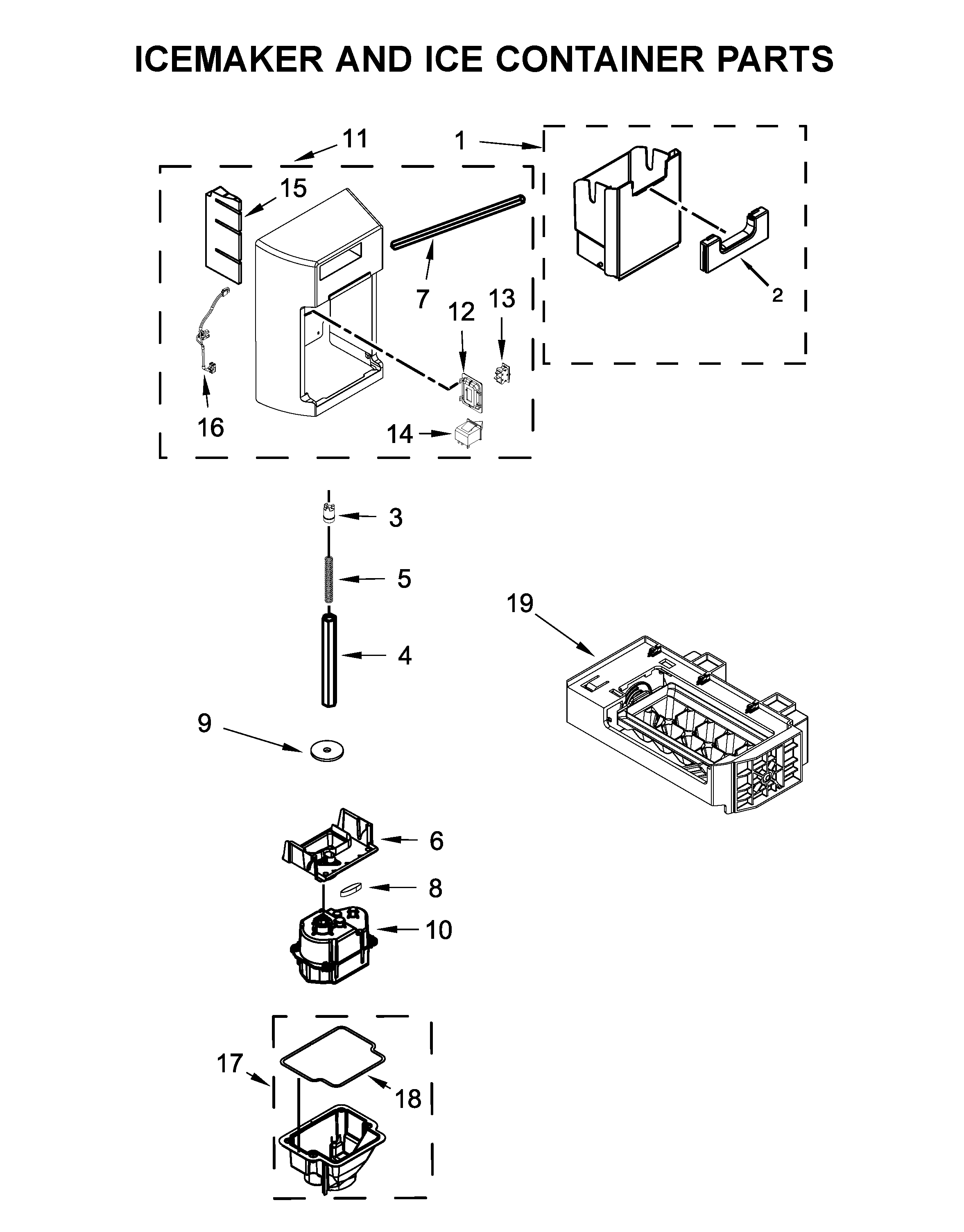 Icemaker and ice container parts