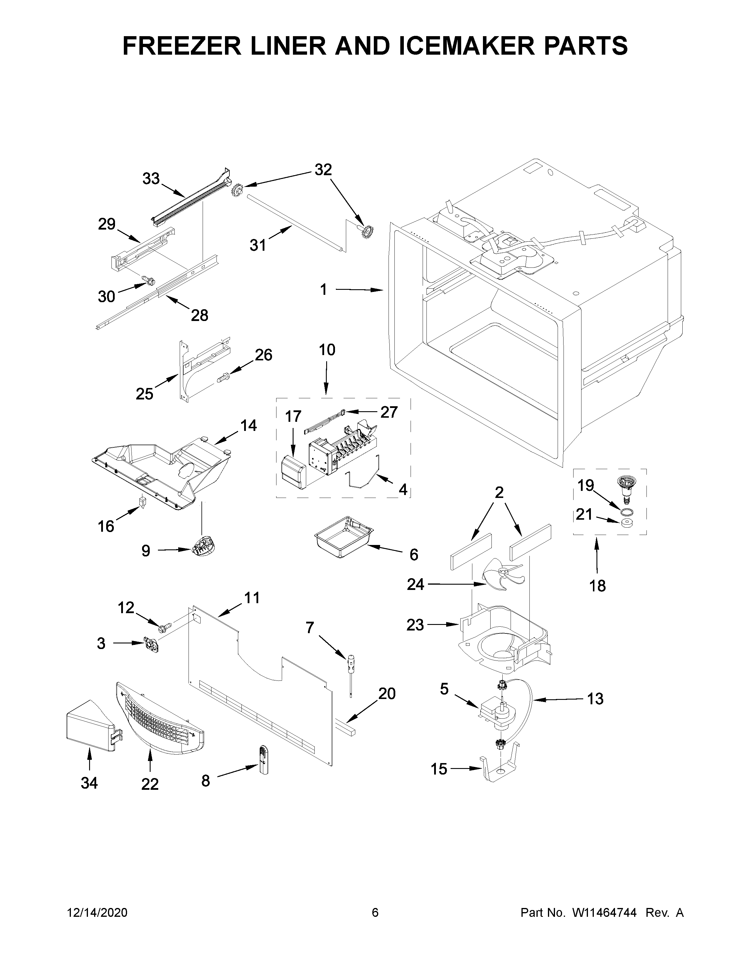 Freezer liner and icemaker parts