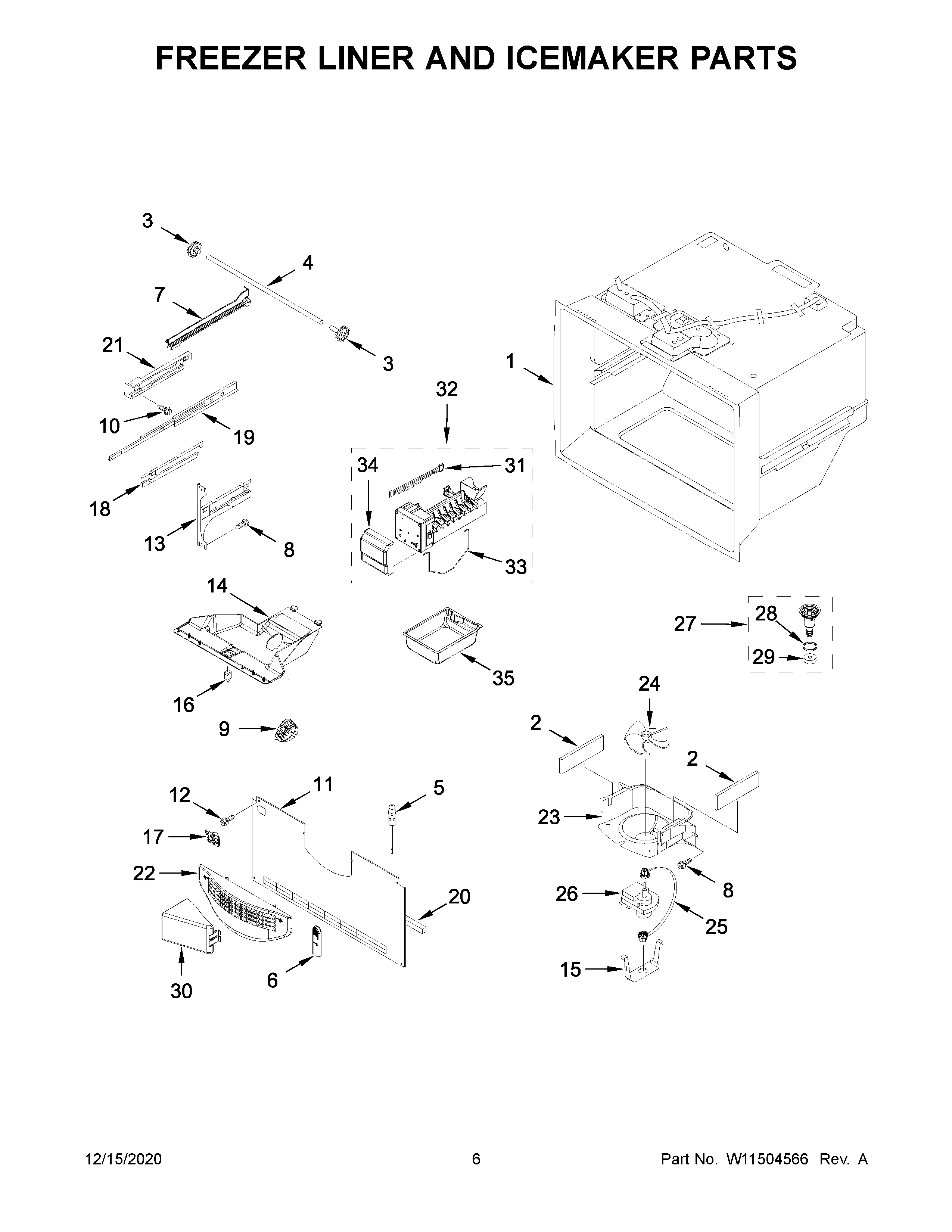 Freezer liner and icemaker parts
