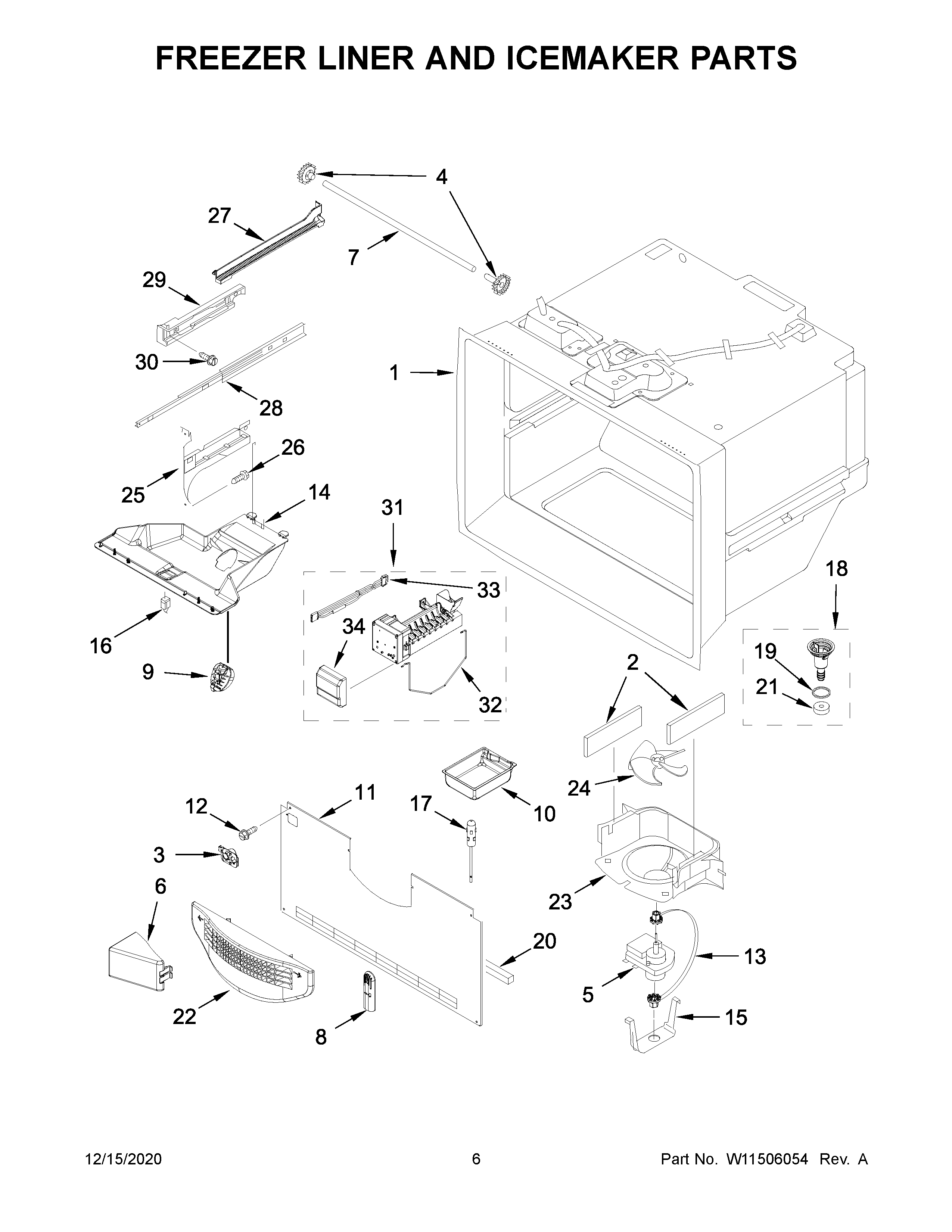 Freezer liner and icemaker parts