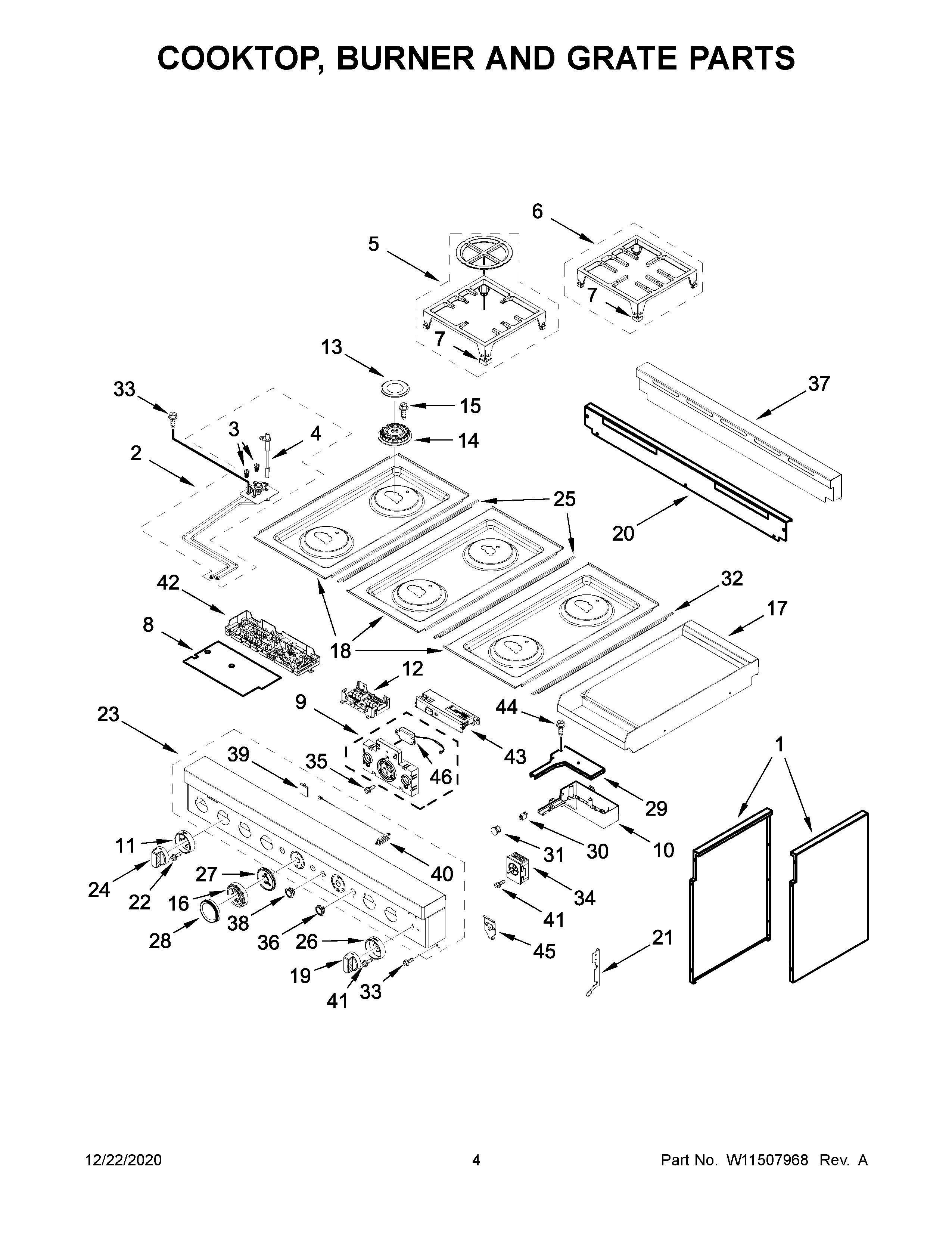 Cooktop, burner and grate parts