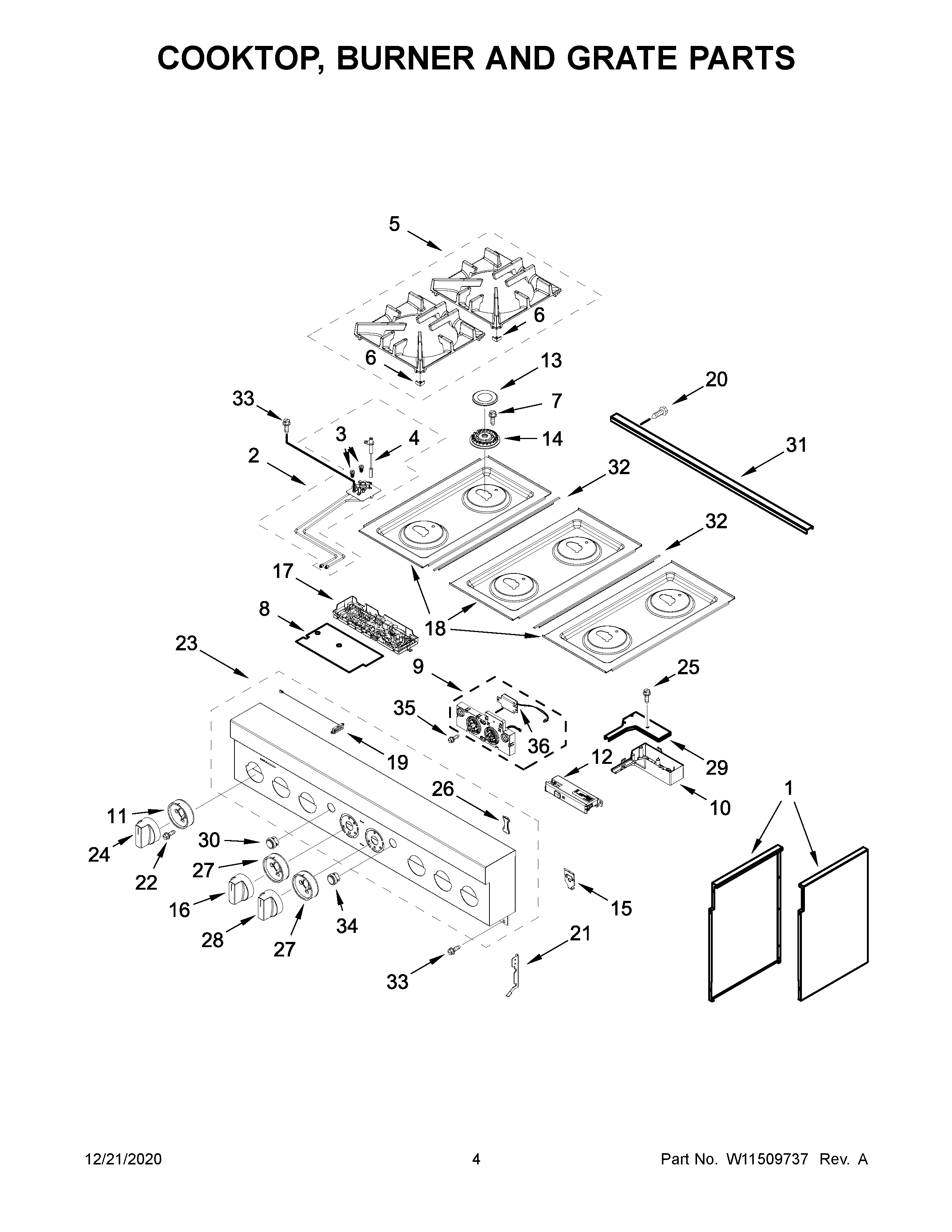 Cooktop, burner and grate parts