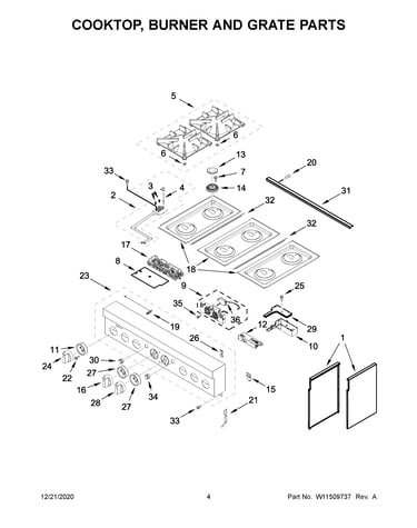 Cooktop, burner and grate parts
