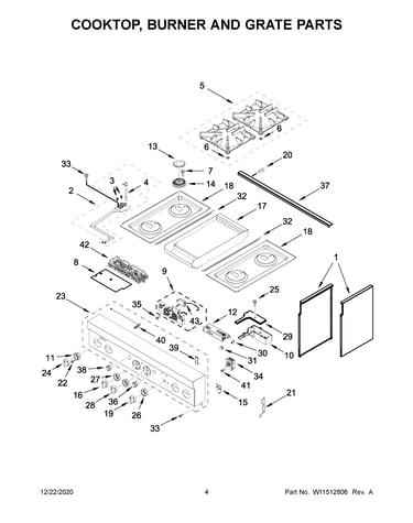 Cooktop, burner and grate parts