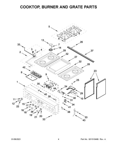 Cooktop, burner and grate parts