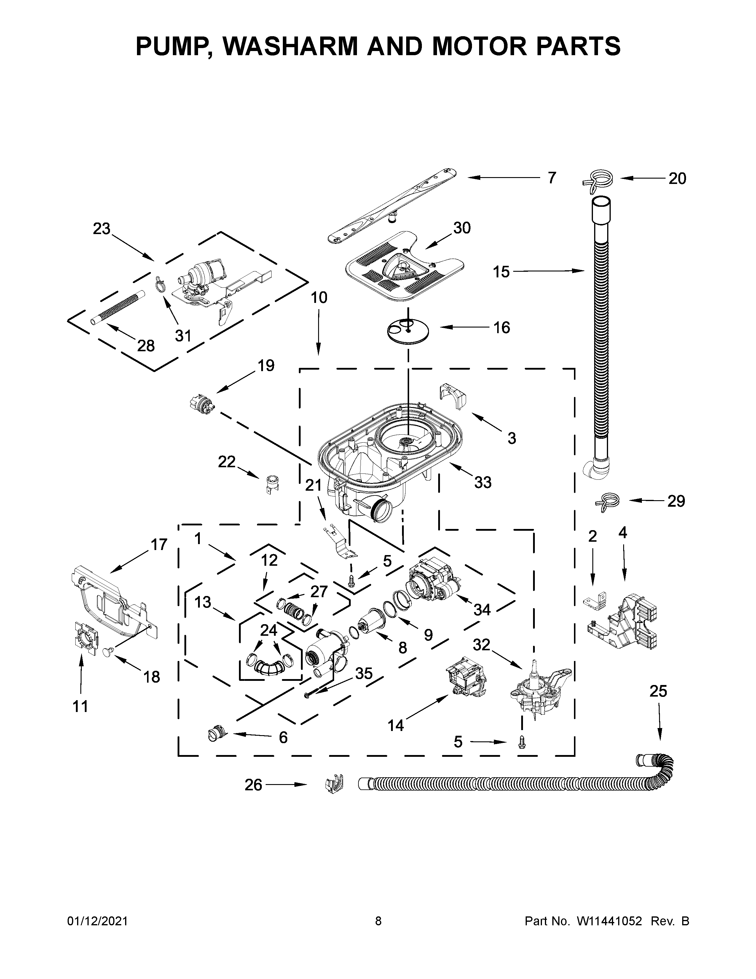 Pump, washarm and motor parts