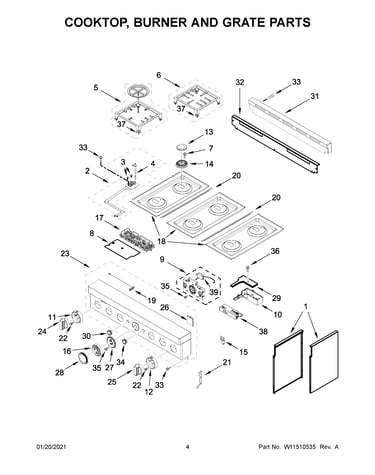 Cooktop, burner and grate parts