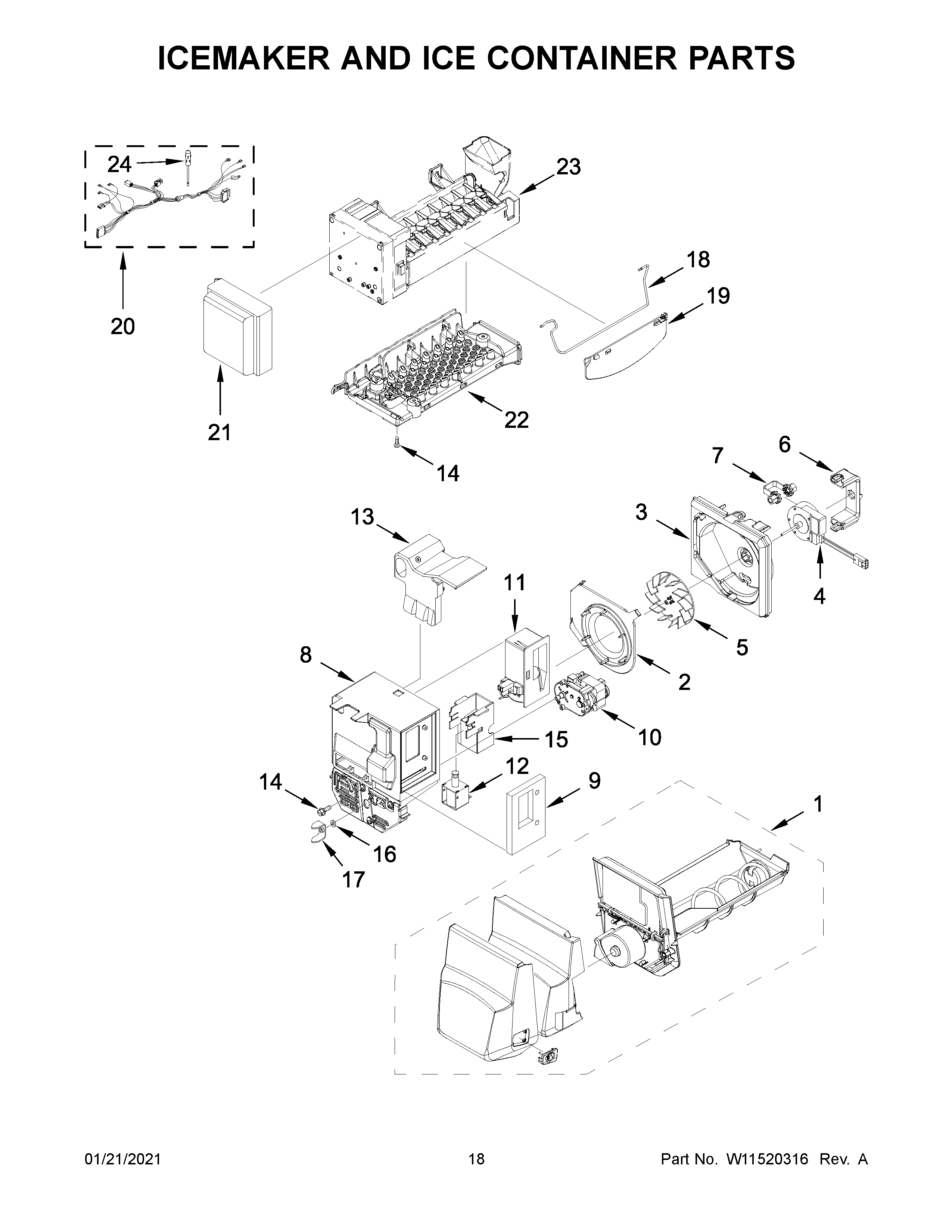 Icemaker and ice container parts