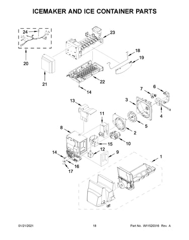 Icemaker and ice container parts