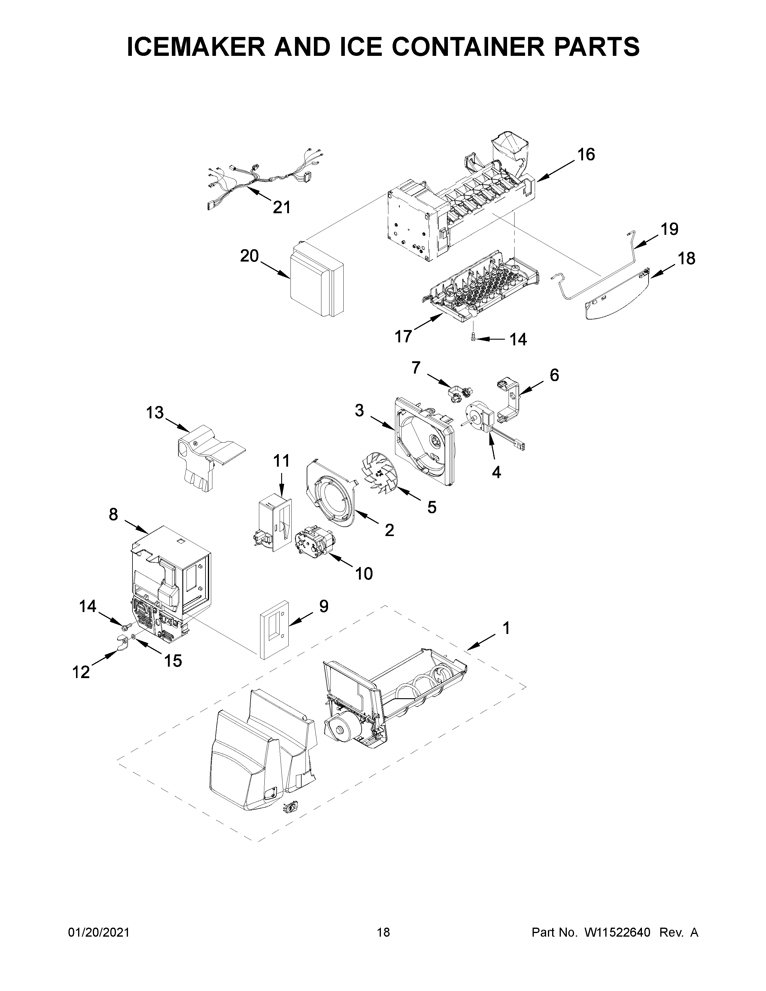 Icemaker and ice container parts
