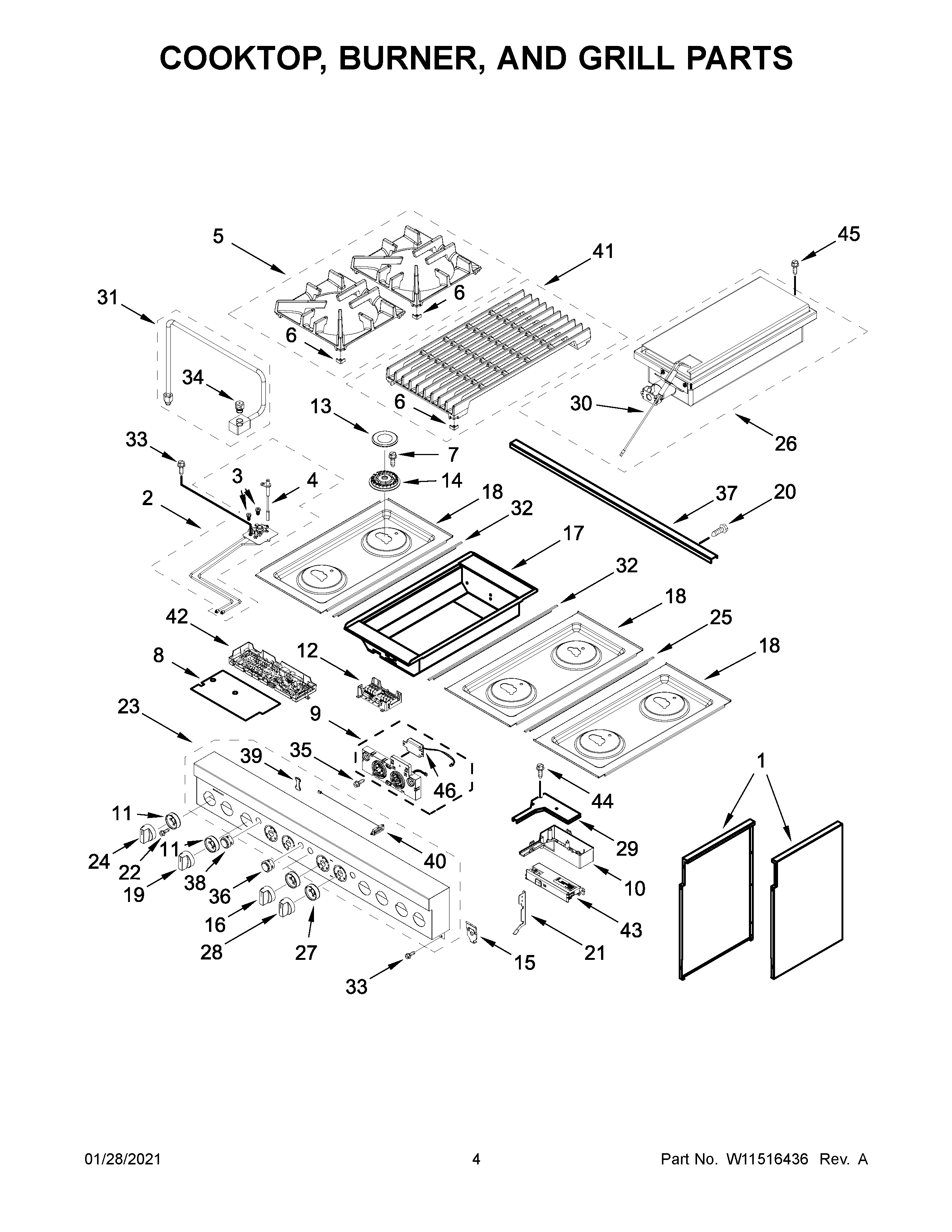 Cooktop, burner, and grill parts