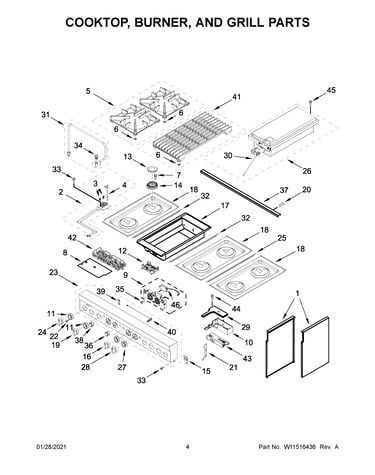 Cooktop, burner, and grill parts