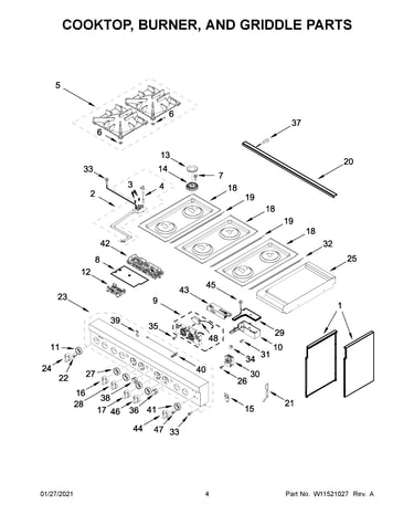 Cooktop, burner, and griddle parts