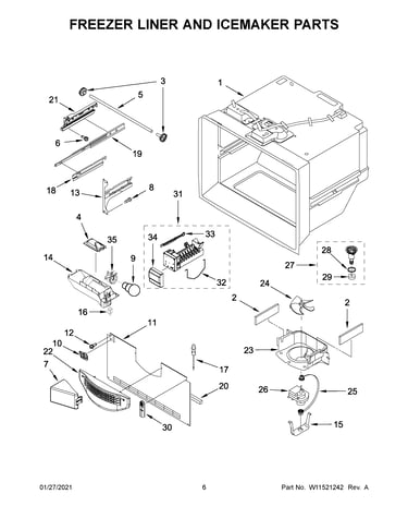 Freezer liner and icemaker parts