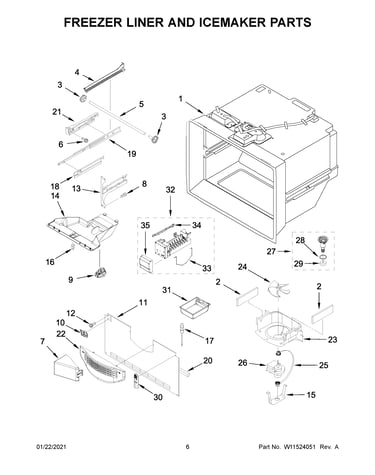 Freezer liner and icemaker parts