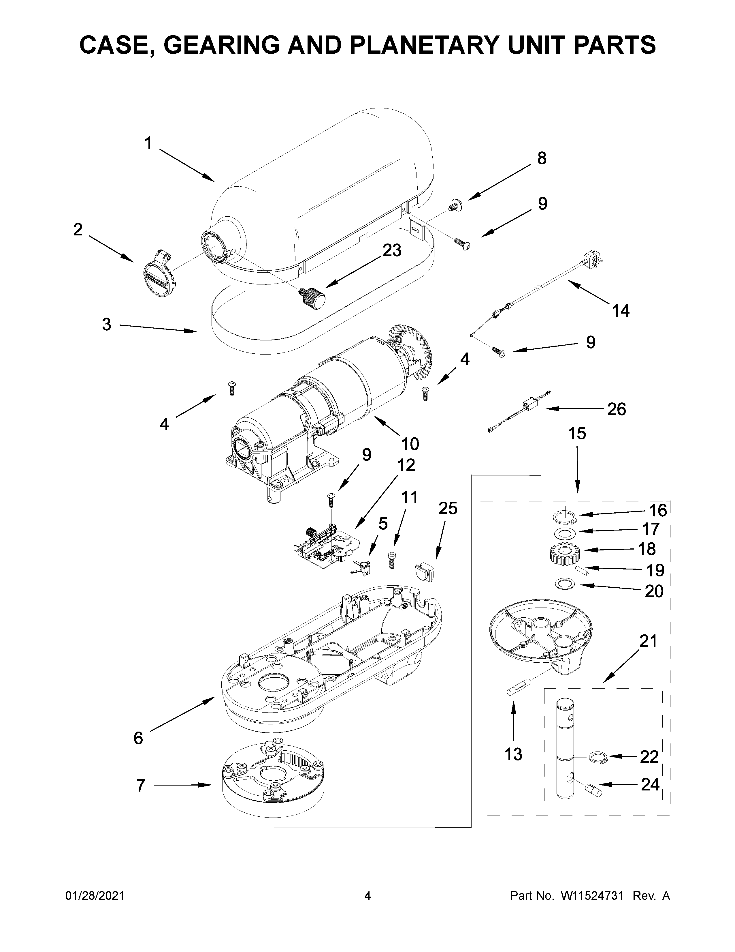 Case, gearing and planetary unit parts