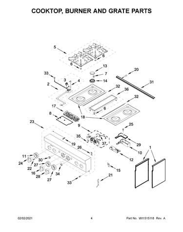 Cooktop, burner and grate parts