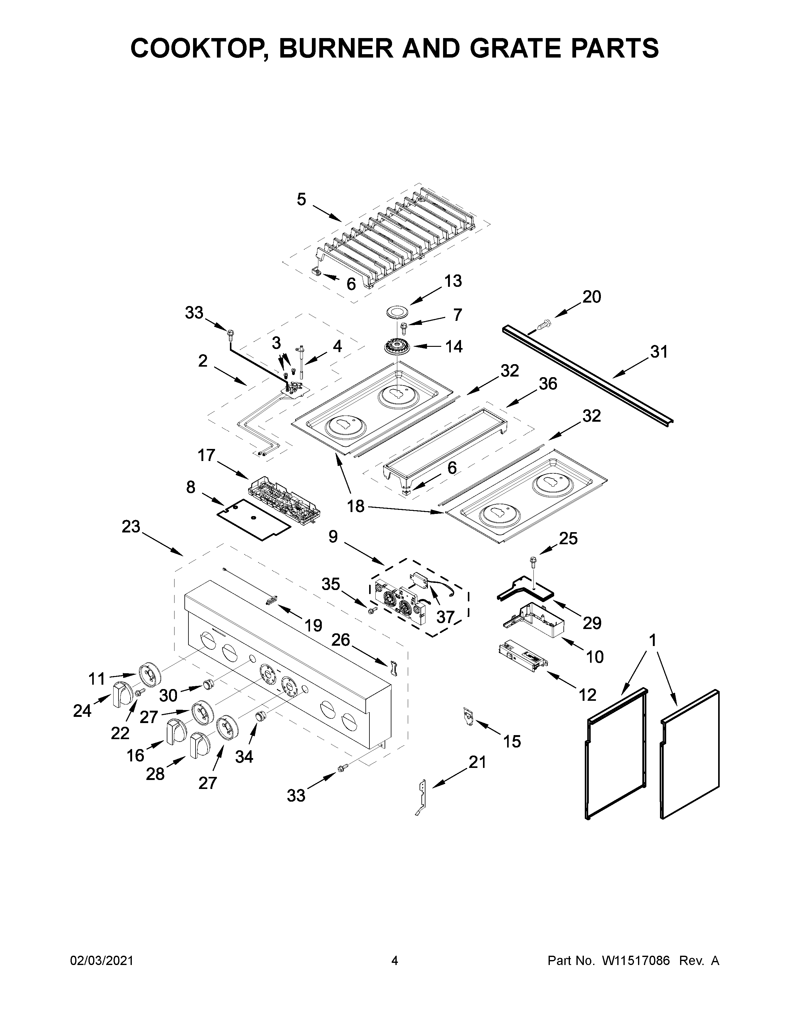 Cooktop, burner and grate parts