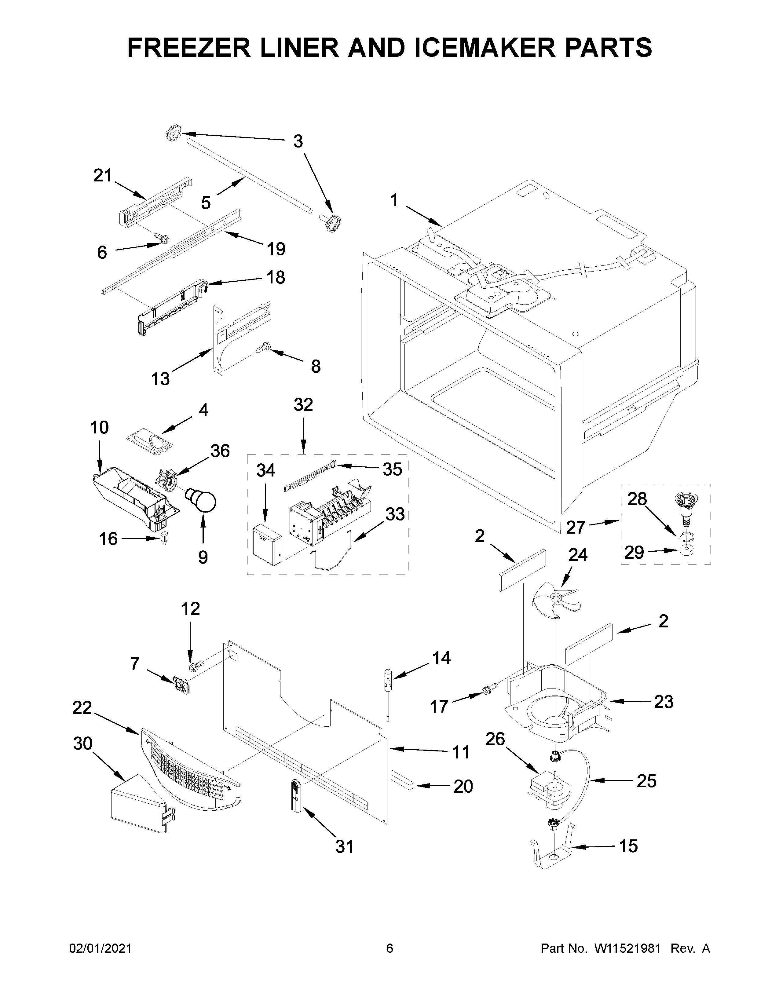 Freezer liner and icemaker parts