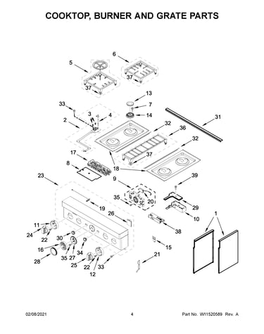 Cooktop, burner and grate parts