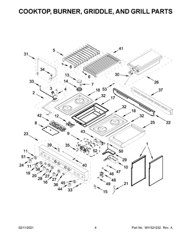 Cooktop, burner, griddle, and grill parts