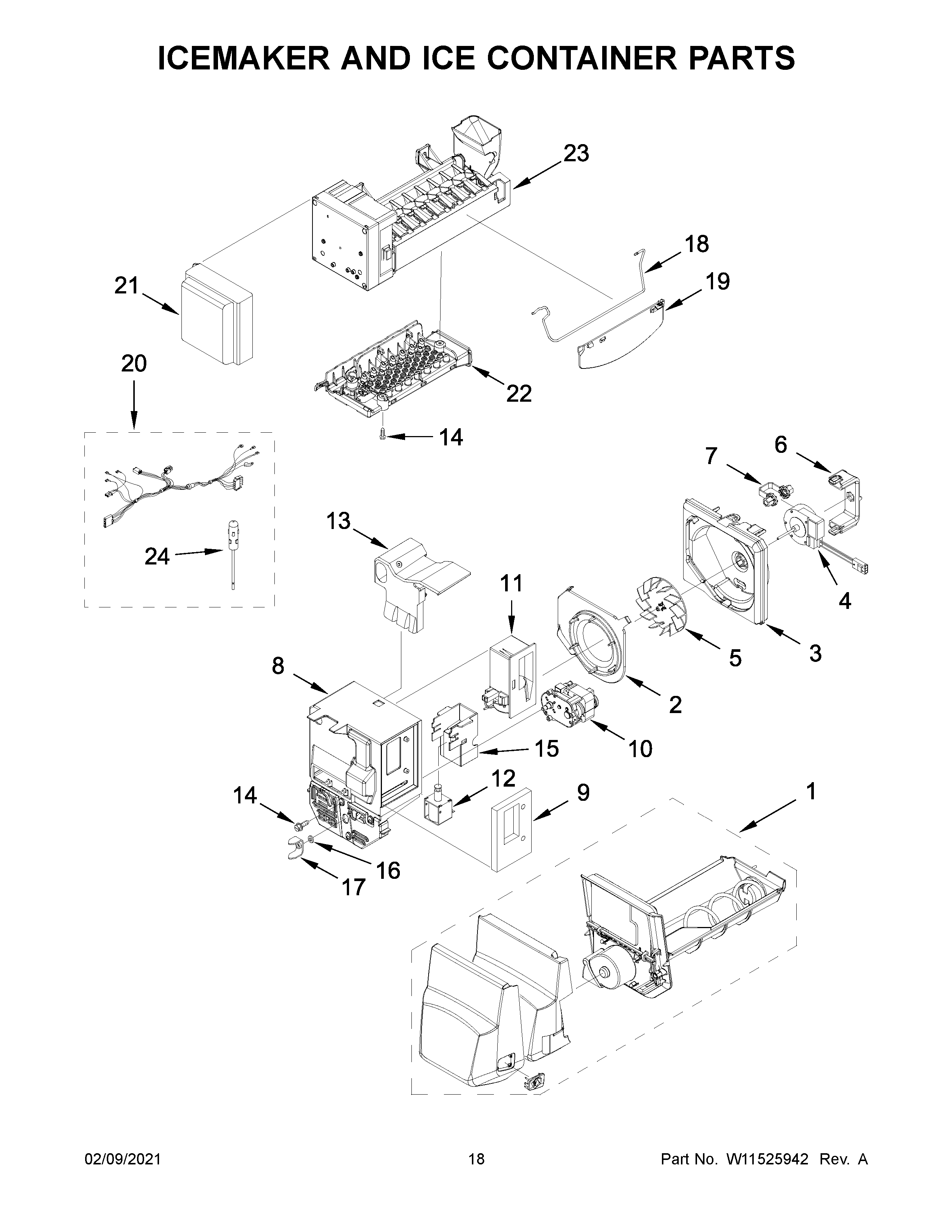 Icemaker and ice container parts