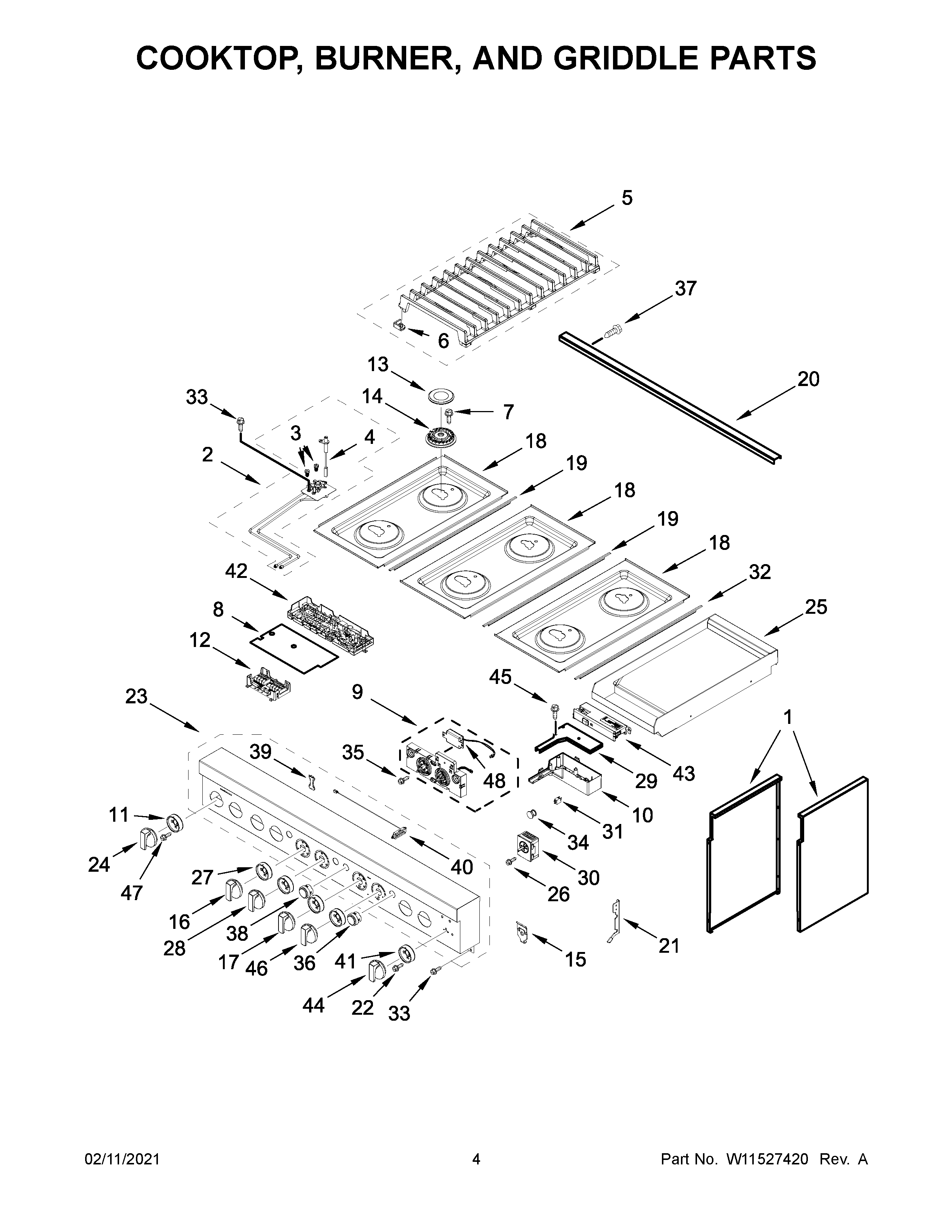 Cooktop, burner, and griddle parts