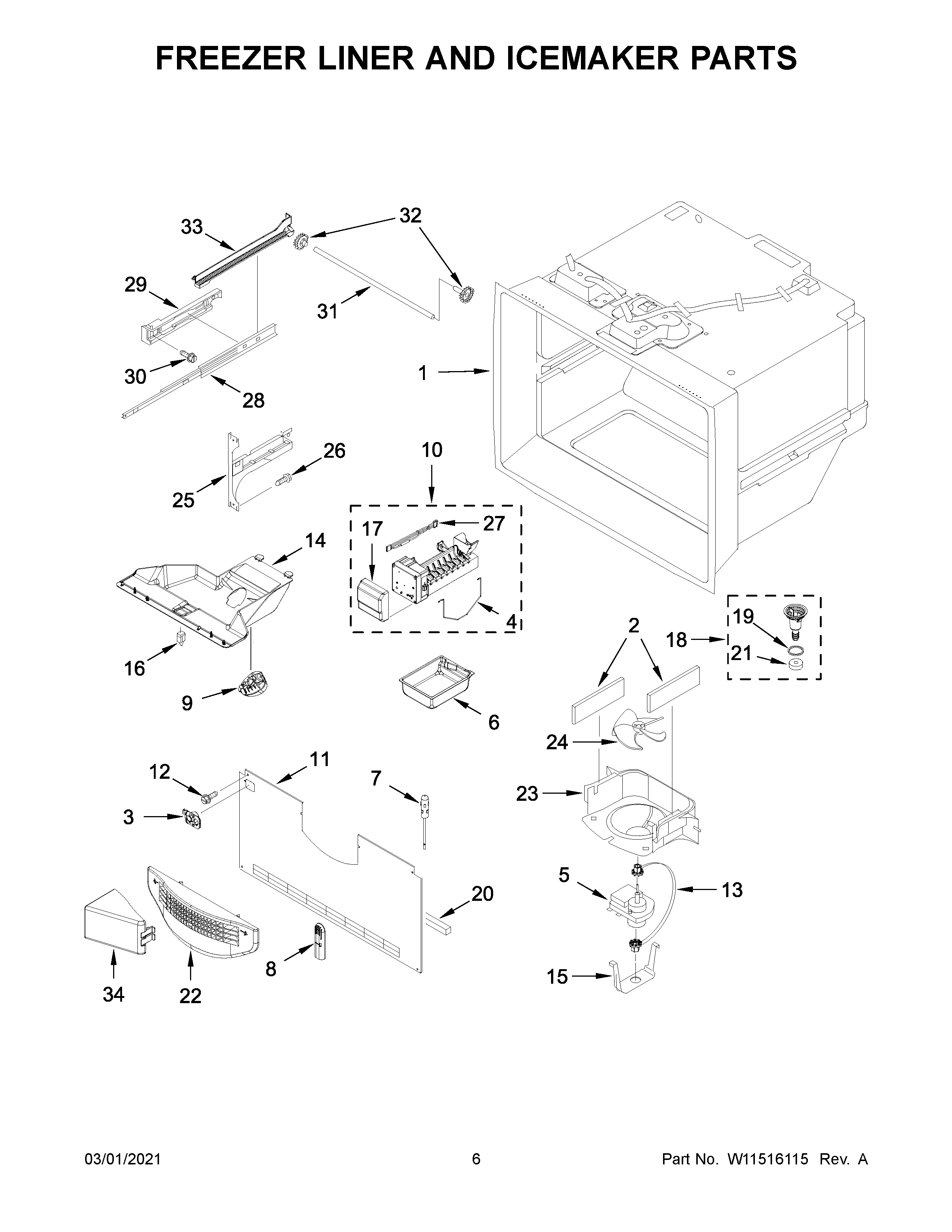 Freezer liner and icemaker parts