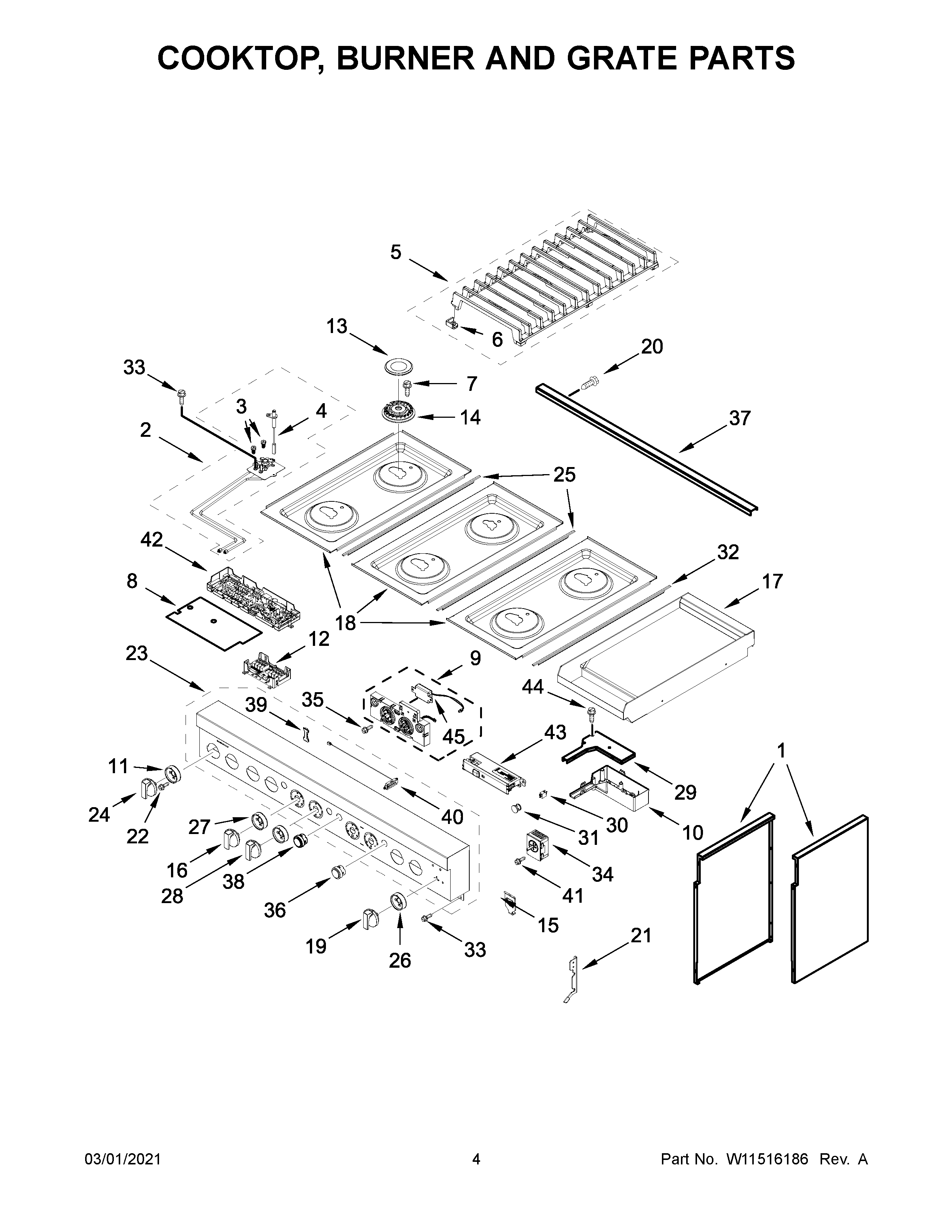 Cooktop, burner and grate parts