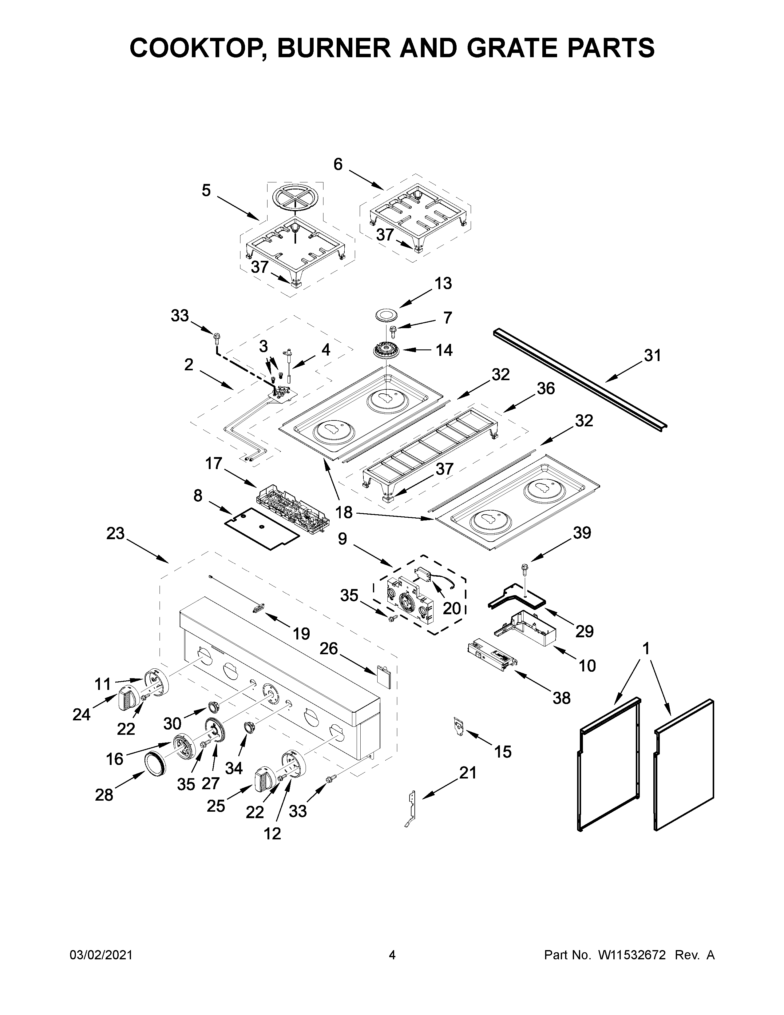 Cooktop, burner and grate parts