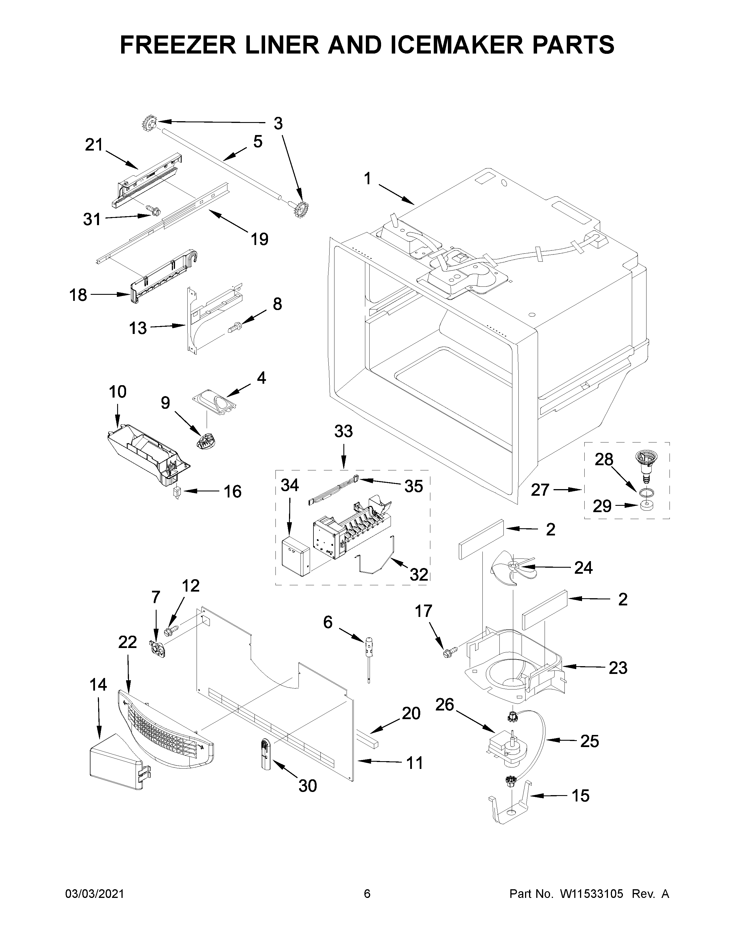 Freezer liner and icemaker parts