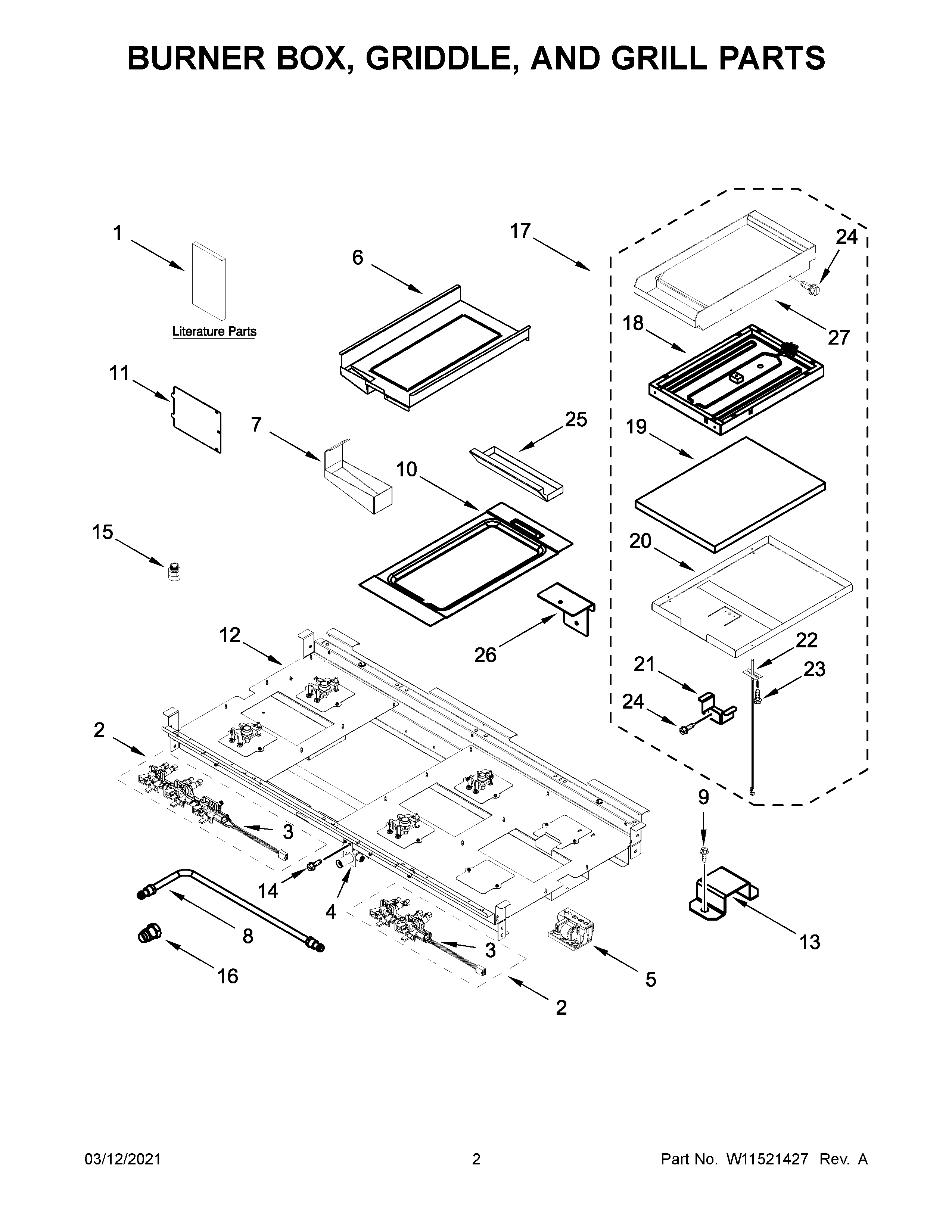 Burner box, griddle, and grill parts