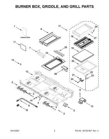 Burner box, griddle, and grill parts