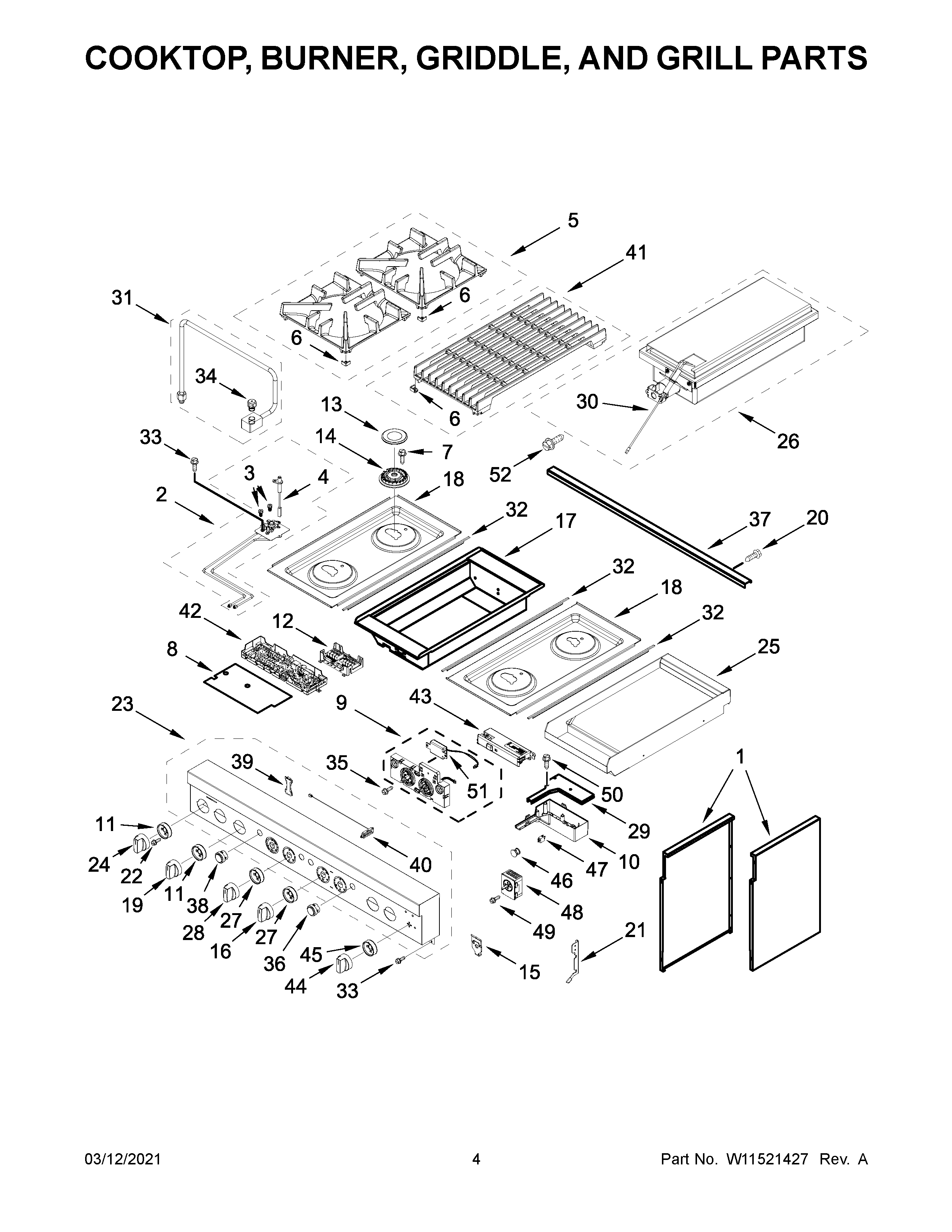 Cooktop, burner, griddle, and grill parts