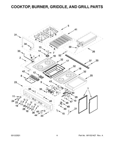 Cooktop, burner, griddle, and grill parts